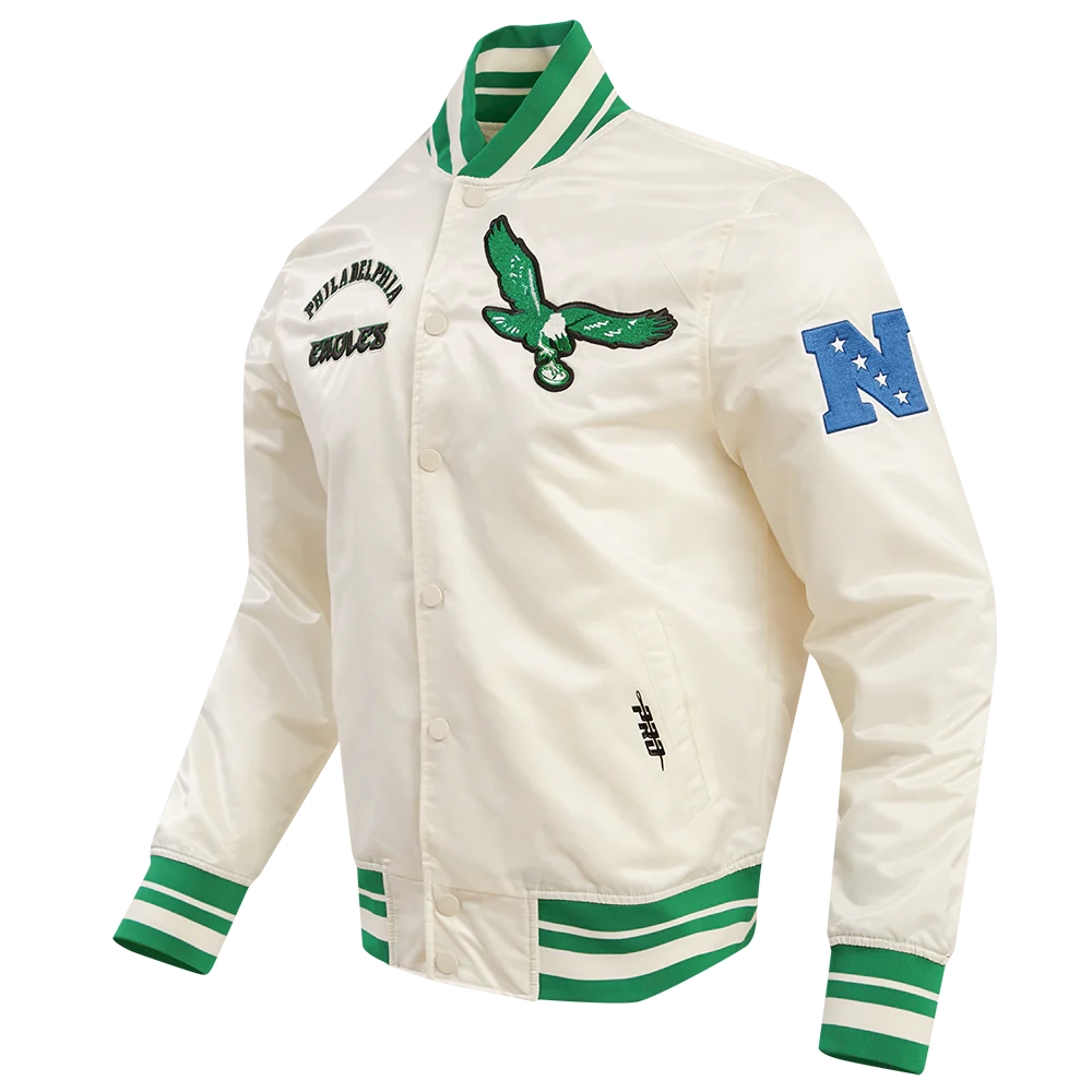 Philadelphia Eagles Retro Classic Full-Snap Cream Satin Varsity Jacket - Image 2