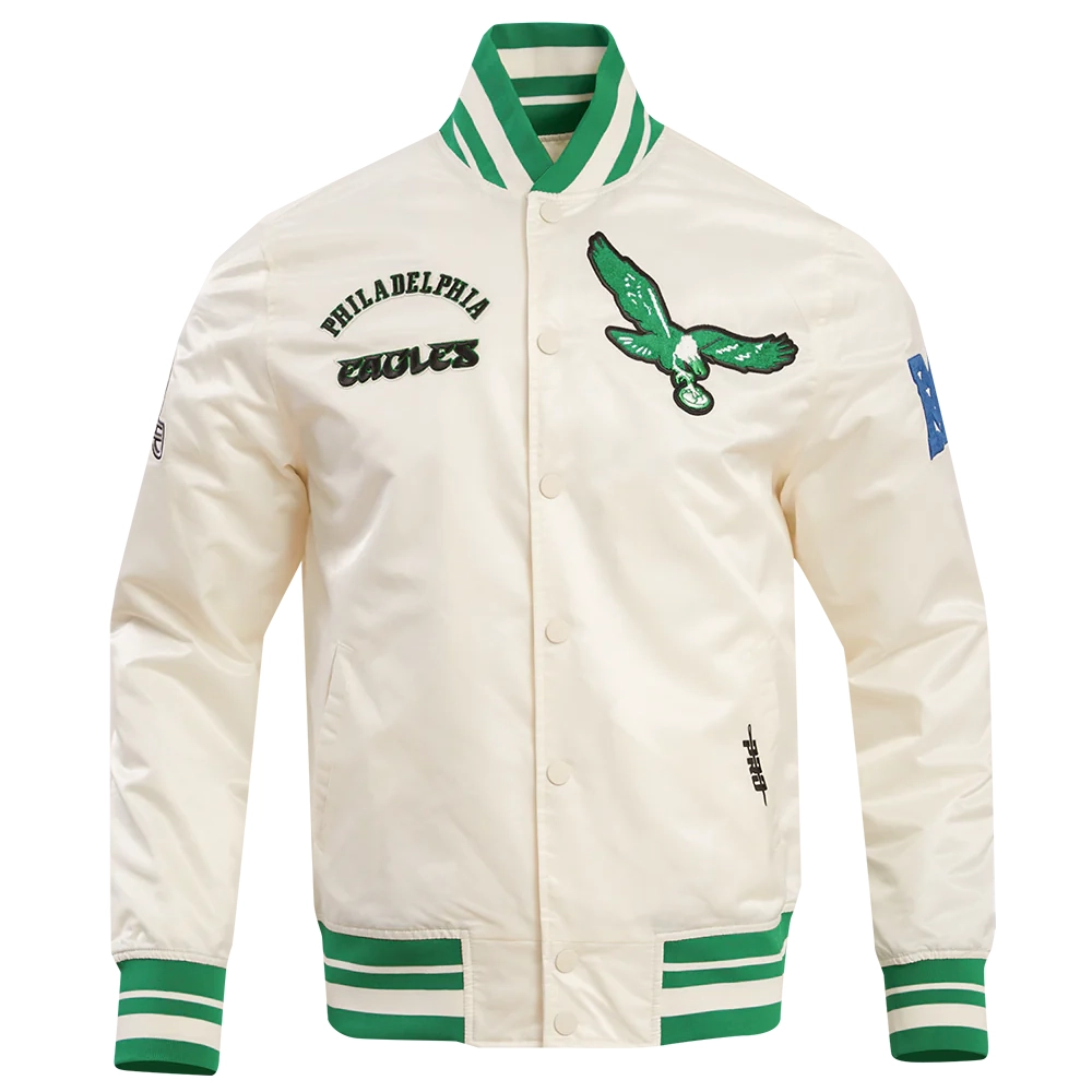 Philadelphia Eagles Retro Classic Full-Snap Cream Satin Varsity Jacket