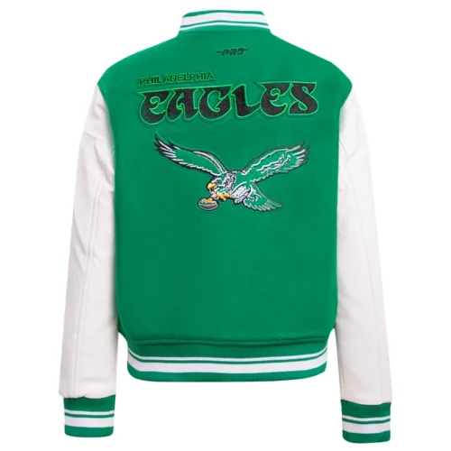Philadelphia Eagles Retro Classic Women's Green/White Wool & Leather Varsity Jacket - Image 8