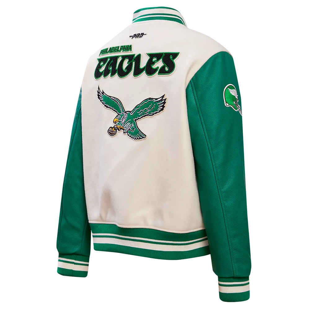 Philadelphia Eagles Retro Classic Women's White/Green Wool & Leather Varsity Jacket - Image 3