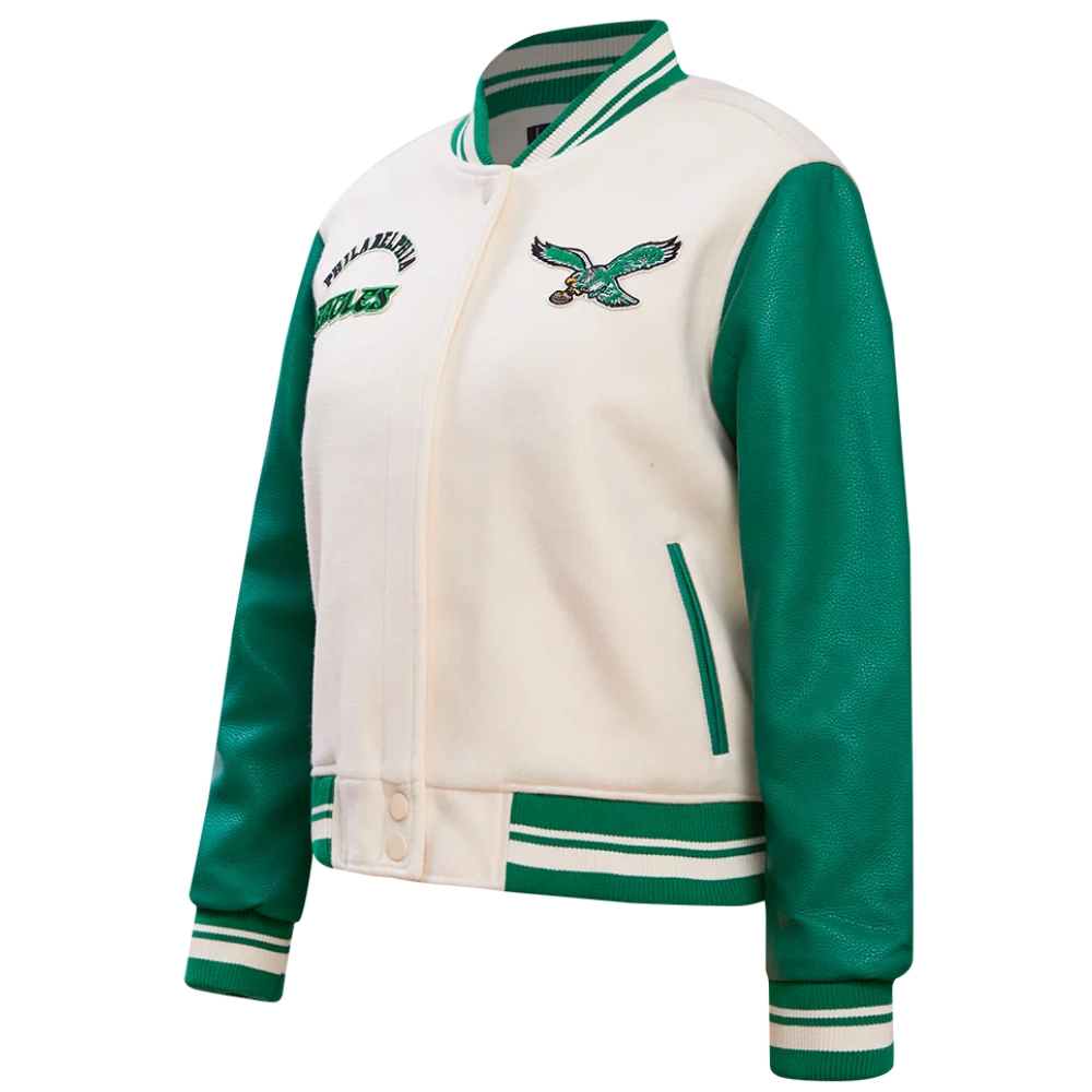 Philadelphia Eagles Retro Classic Women's White/Green Wool & Leather Varsity Jacket - Image 2