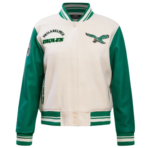 Philadelphia Eagles Retro Classic Women's White/Green Wool & Leather Varsity Jacket