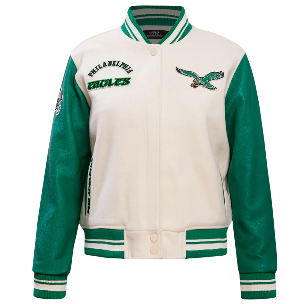 Philadelphia Eagles Retro Classic Women's White/Green Wool & Leather Varsity Jacket