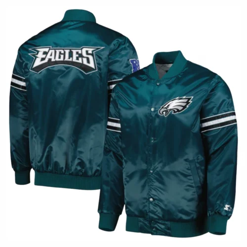 Philadelphia Eagles Pick & Roll Full-Snap Green Satin Varsity Jacket - Image 4