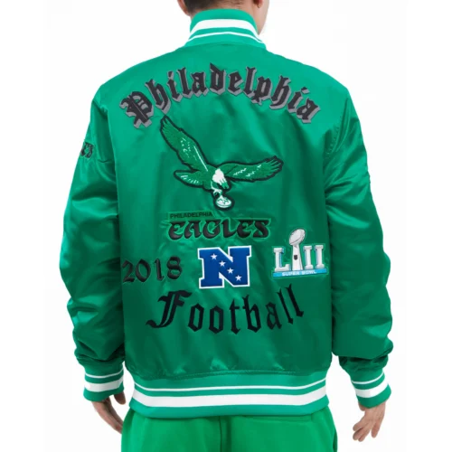 Philadelphia Eagles Vintage Old English Rib Green Satin Jacket - Image 4
