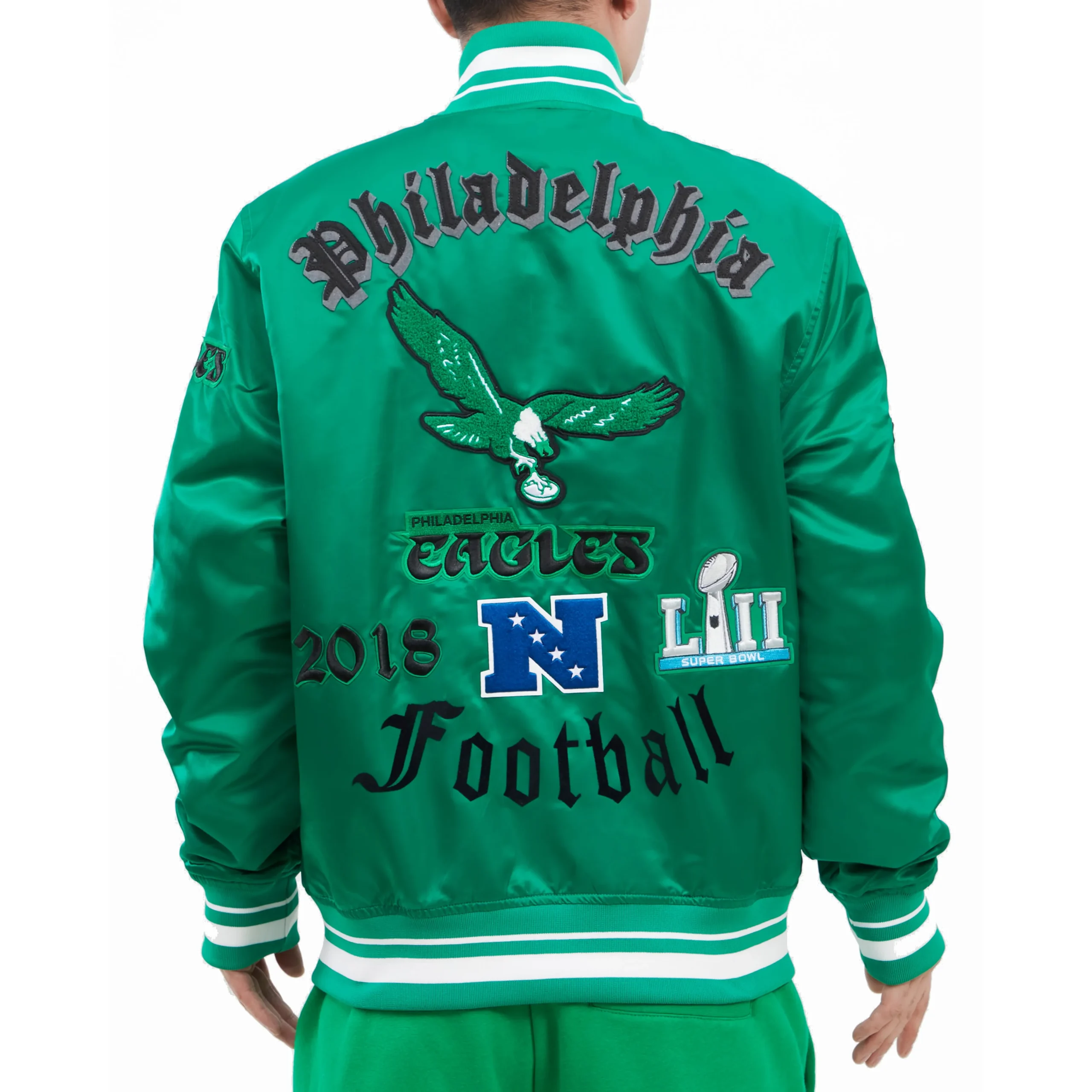 Philadelphia Eagles Vintage Old English Rib Green Satin Jacket - Image 4