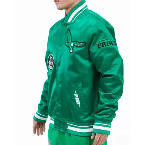 Philadelphia Eagles Vintage Old English Rib Green Satin Jacket - Image 3