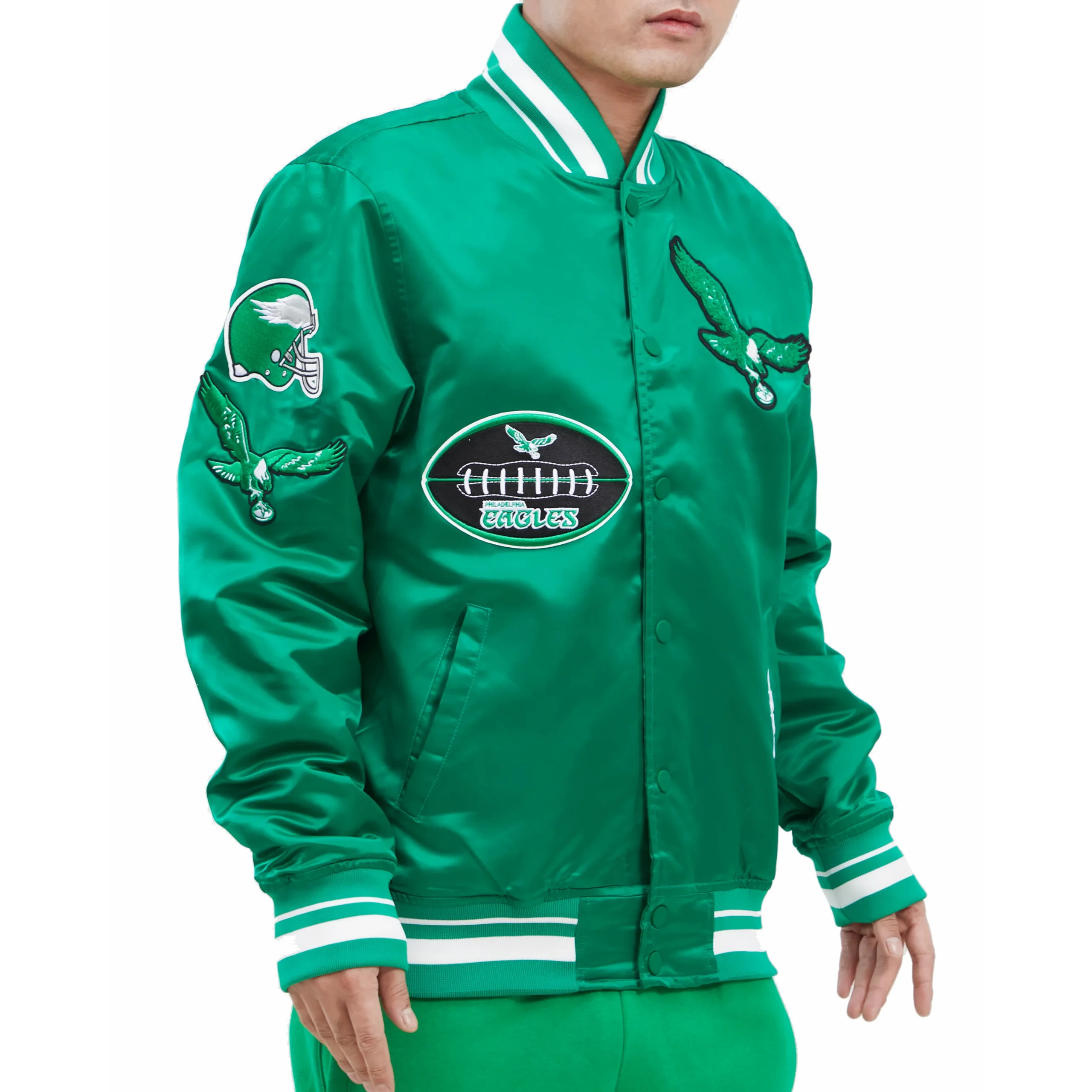 Philadelphia Eagles Vintage Old English Rib Green Satin Jacket - Image 2