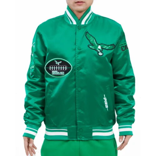Philadelphia Eagles Vintage Old English Rib Green Satin Jacket