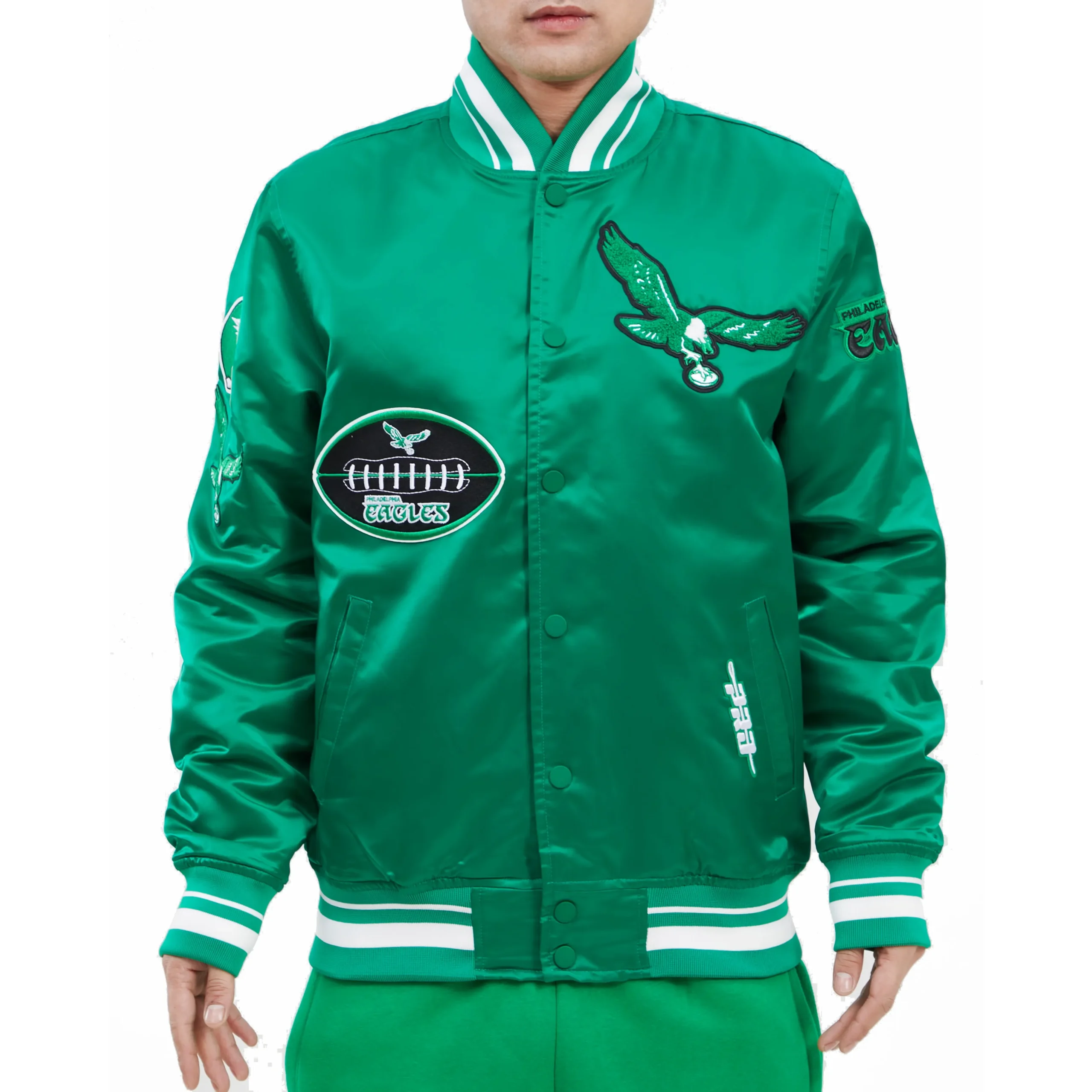 Philadelphia Eagles Vintage Old English Rib Green Satin Jacket