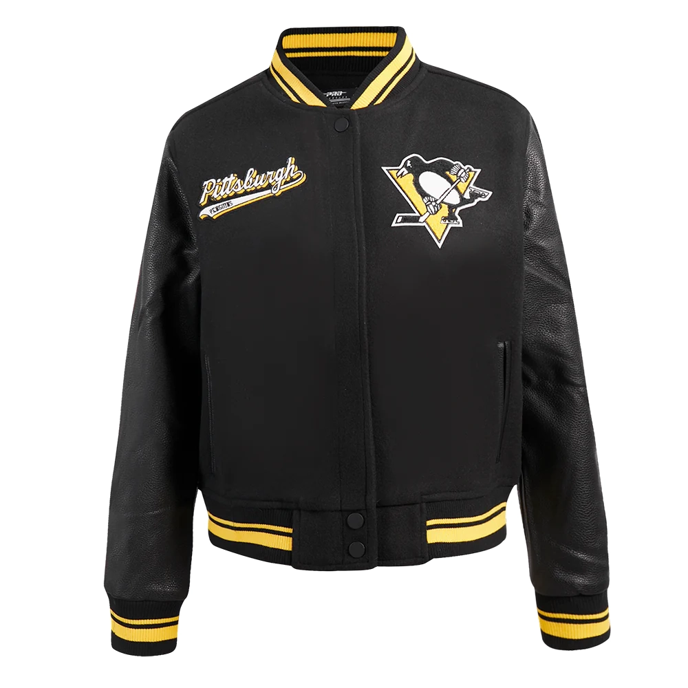 Pittsburgh Penguins Script Tail Women's Wool & Leather Varsity Jacket - Black