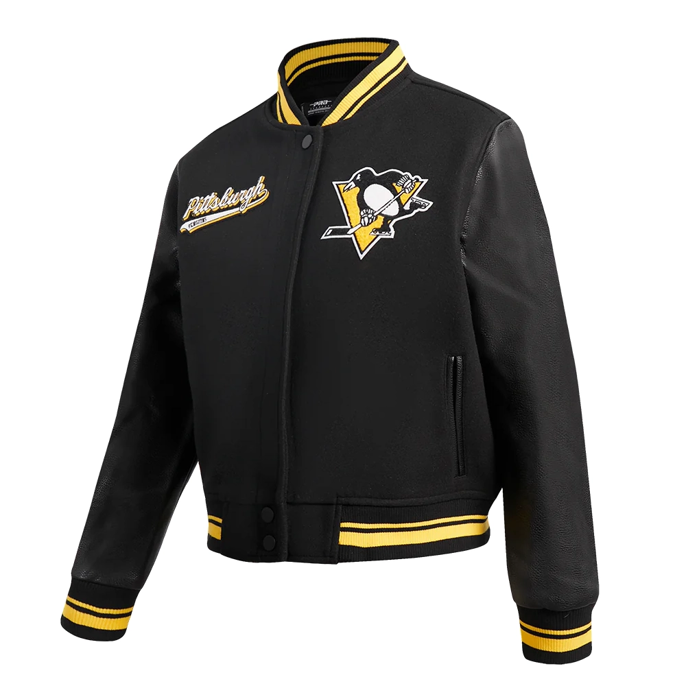 Pittsburgh Penguins Script Tail Women's Wool & Leather Varsity Jacket - Black - Image 2
