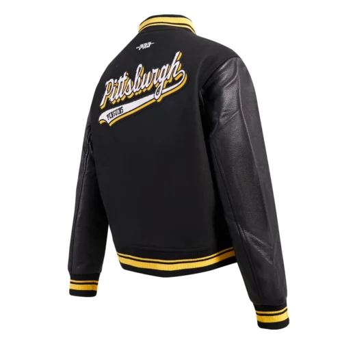 Pittsburgh Penguins Script Tail Women's Wool & Leather Varsity Jacket - Black - Image 3