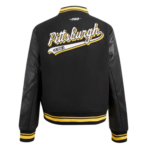 Pittsburgh Penguins Script Tail Women's Wool & Leather Varsity Jacket - Black - Image 4