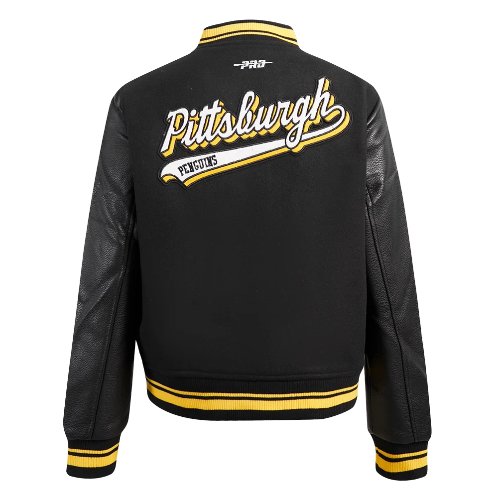 Pittsburgh Penguins Script Tail Women's Wool & Leather Varsity Jacket - Black - Image 4