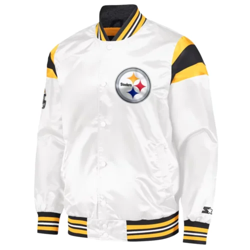 Pittsburgh Steelers Full-Snap White Satin Varsity Jacket