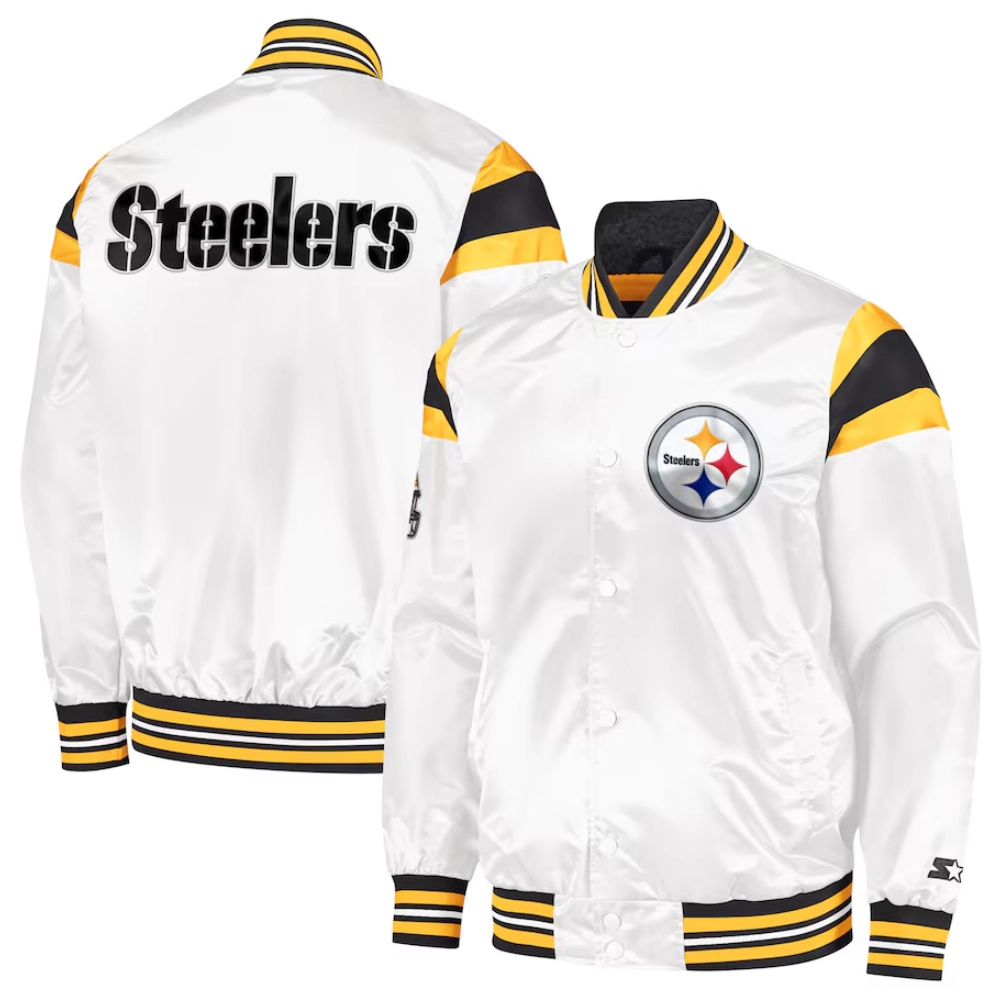 Pittsburgh Steelers Full-Snap White Satin Varsity Jacket - Image 3