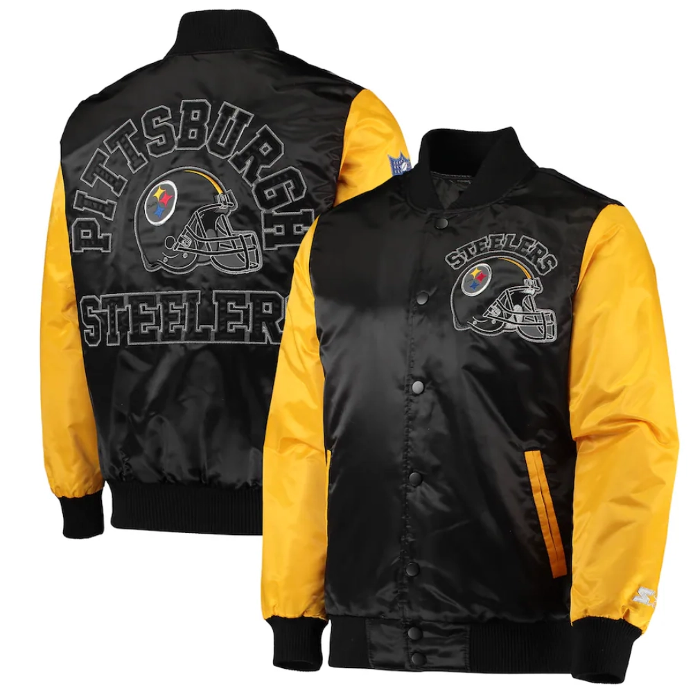 Pittsburgh Steelers Locker Room Throwback Black/Yellow Satin Varsity Jacket - Image 4