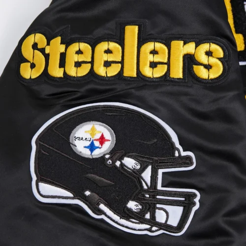 Pittsburgh Steelers Mashup Full-Snap Black Satin Varsity Jacket - Image 7