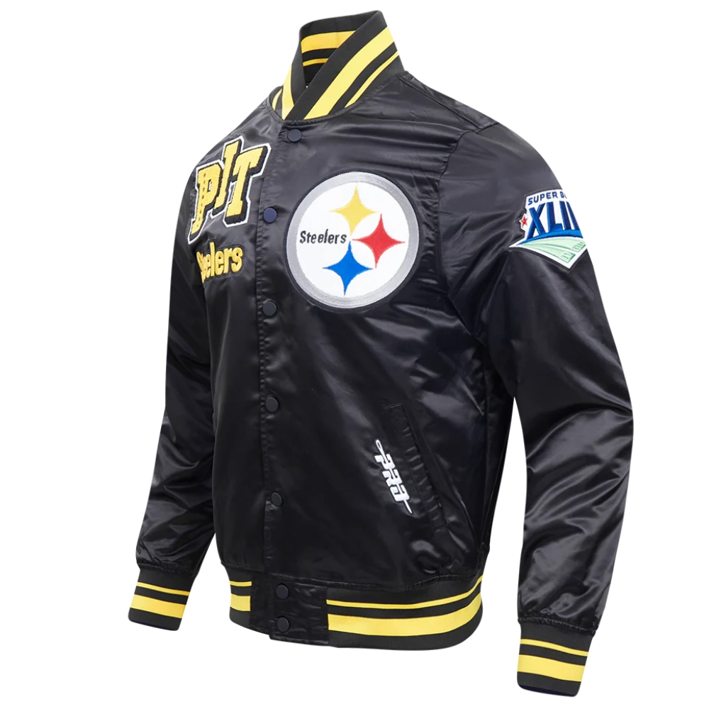Pittsburgh Steelers Mashup Full-Snap Black Satin Varsity Jacket - Image 2