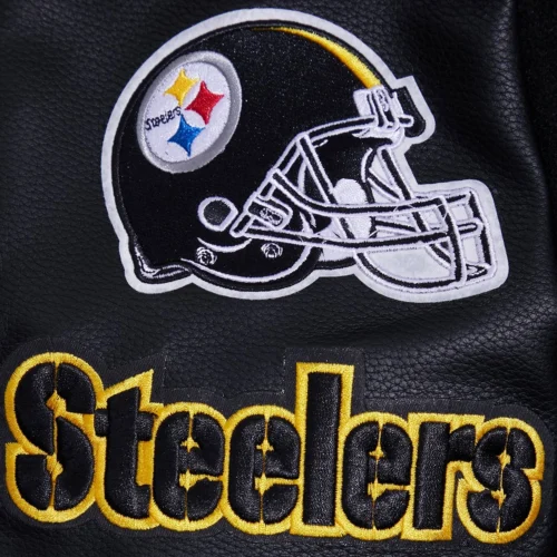 Pittsburgh Steelers Old English Black Wool & Leather Varsity Jacket - Image 5