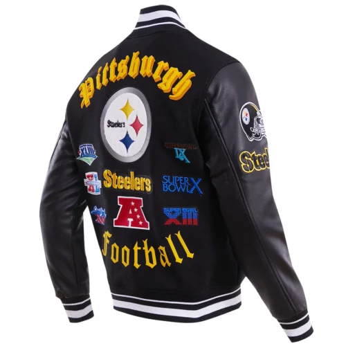 Pittsburgh Steelers Old English Black Wool & Leather Varsity Jacket - Image 3