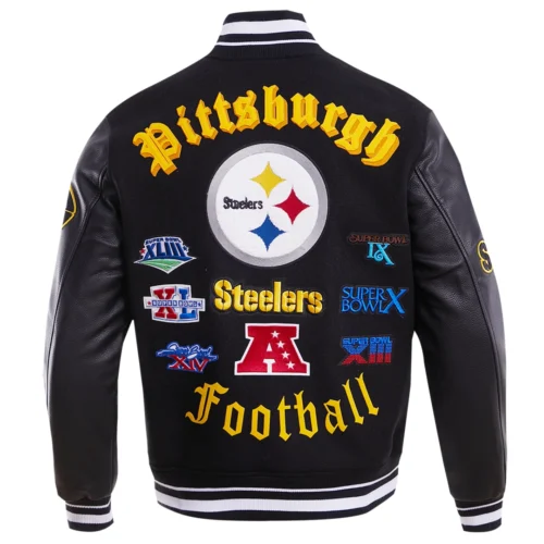 Pittsburgh Steelers Old English Black Wool & Leather Varsity Jacket - Image 6