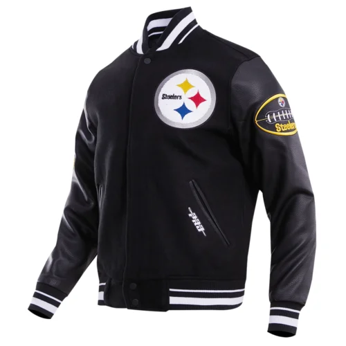 Alternative view of Pittsburgh Steelers Old English Black Wool & Leather Varsity Jacket