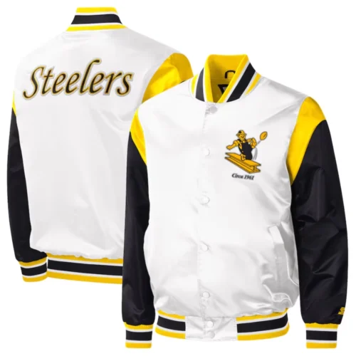 Pittsburgh Steelers Pitch Full-Snap White/Black Satin Varsity Jacket - Image 4