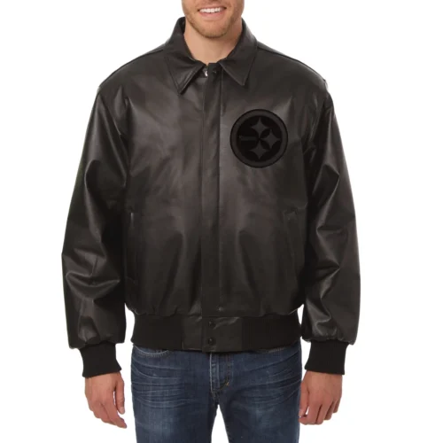 Pittsburgh Steelers Shirt Collar Full Leather Black Tonal Bomber Jacket
