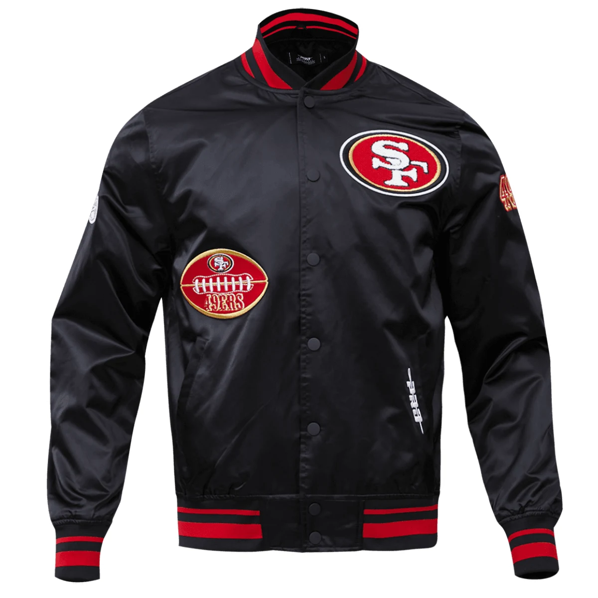 San Francisco 49ers Old English Black Satin Varsity Jacket