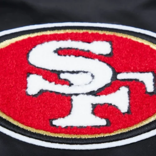 San Francisco 49ers Old English Black Satin Varsity Jacket - Image 6
