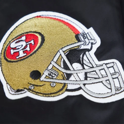 San Francisco 49ers Old English Black Satin Varsity Jacket - Image 5