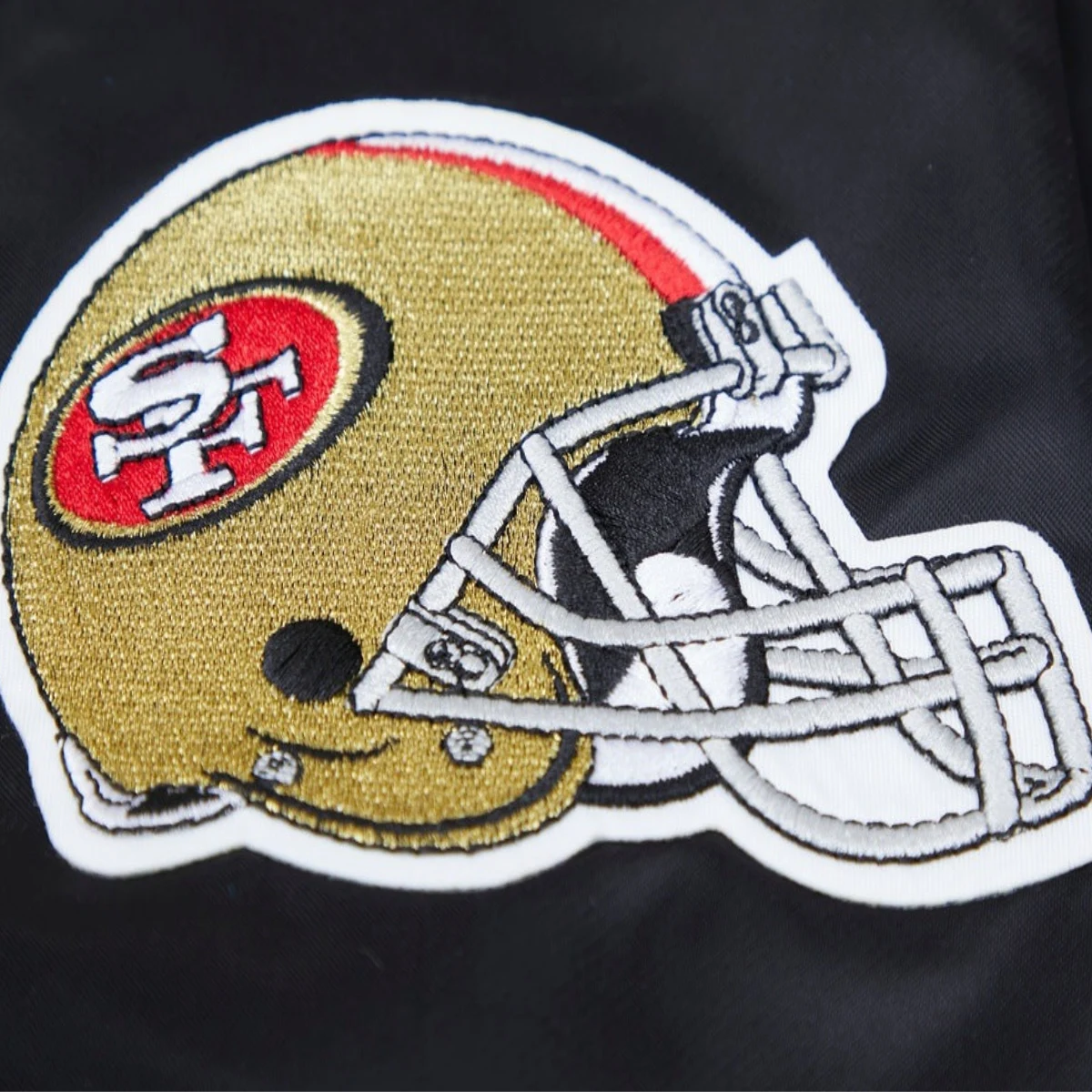 San Francisco 49ers Old English Black Satin Varsity Jacket - Image 5