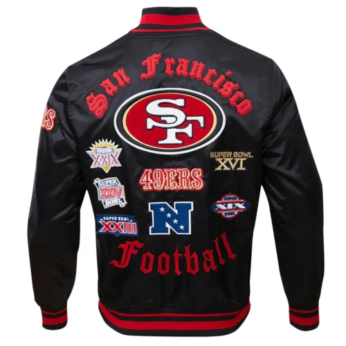 San Francisco 49ers Old English Black Satin Varsity Jacket - Image 4
