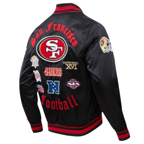 San Francisco 49ers Old English Black Satin Varsity Jacket - Image 3