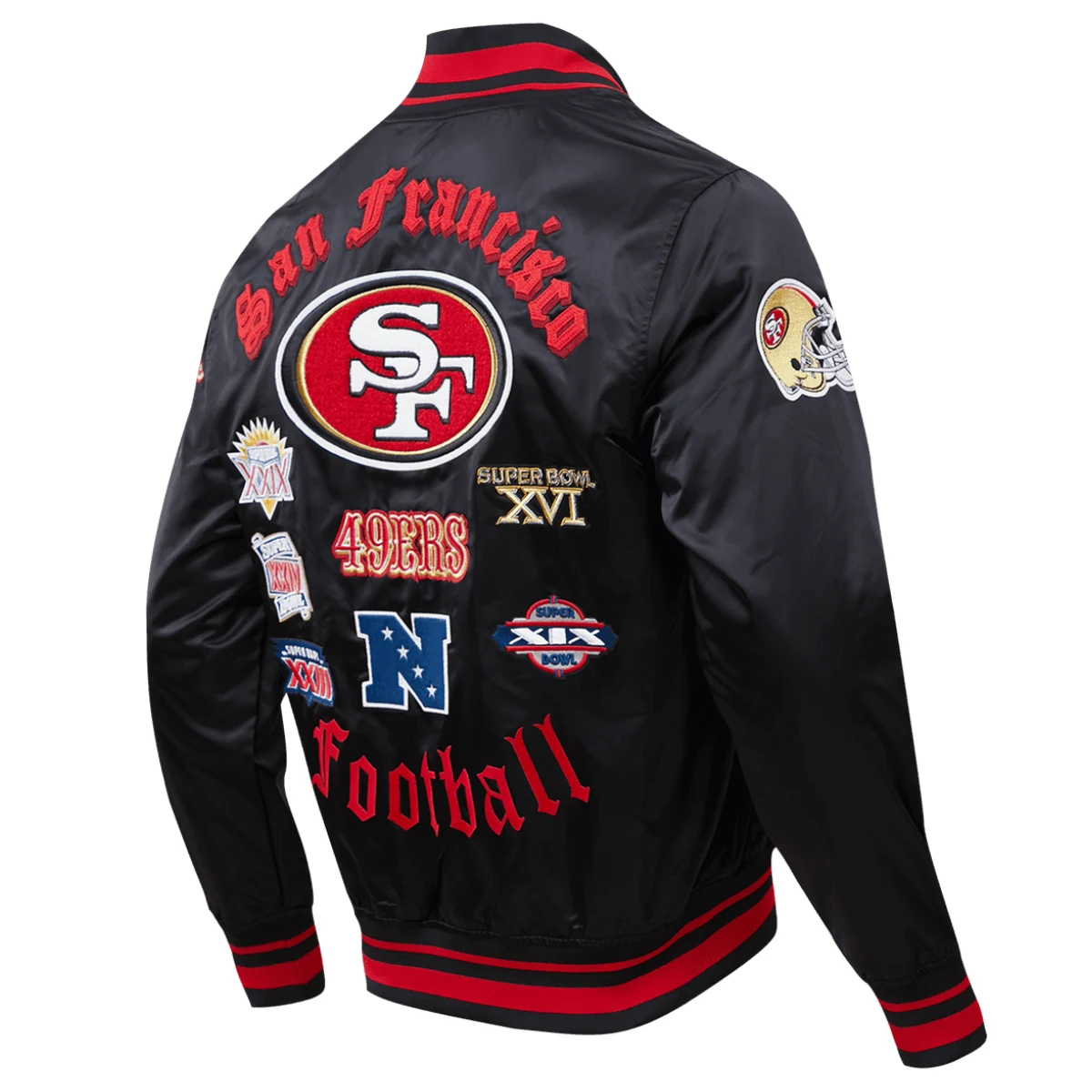 San Francisco 49ers Old English Black Satin Varsity Jacket - Image 3