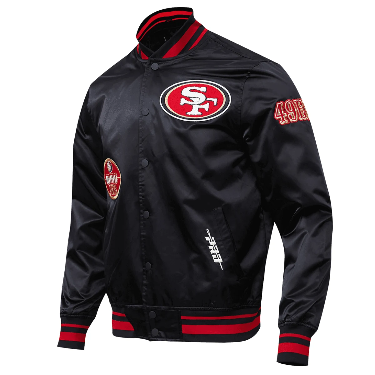 San Francisco 49ers Old English Black Satin Varsity Jacket - Image 2