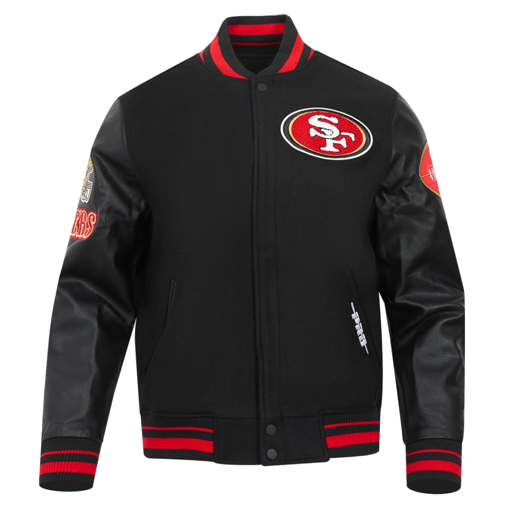 San Francisco 49ers Old English Black Wool & Leather Varsity Jacket