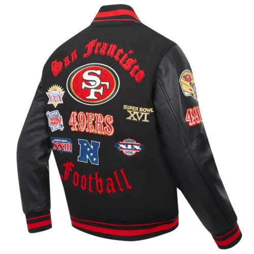 San Francisco 49ers Old English Black Wool & Leather Varsity Jacket - Image 3