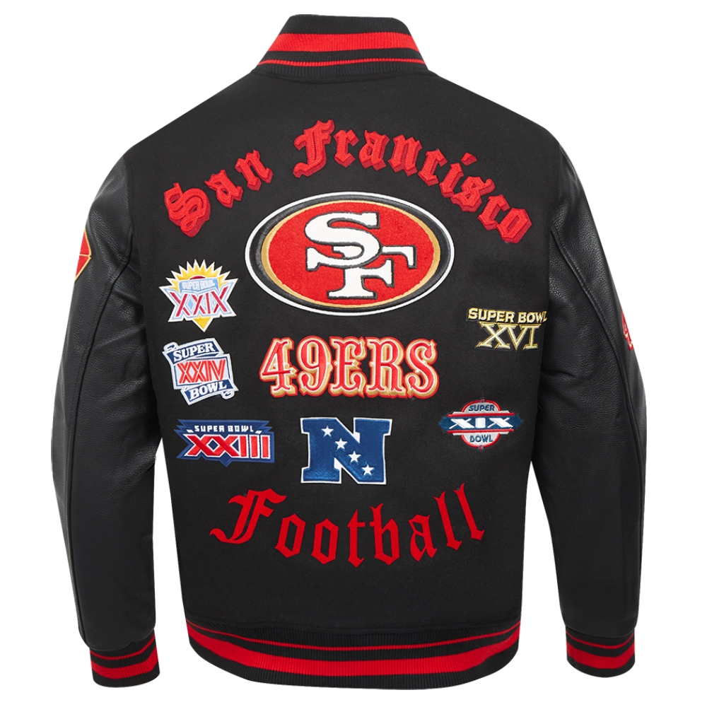 San Francisco 49ers Old English Black Wool & Leather Varsity Jacket - Image 4