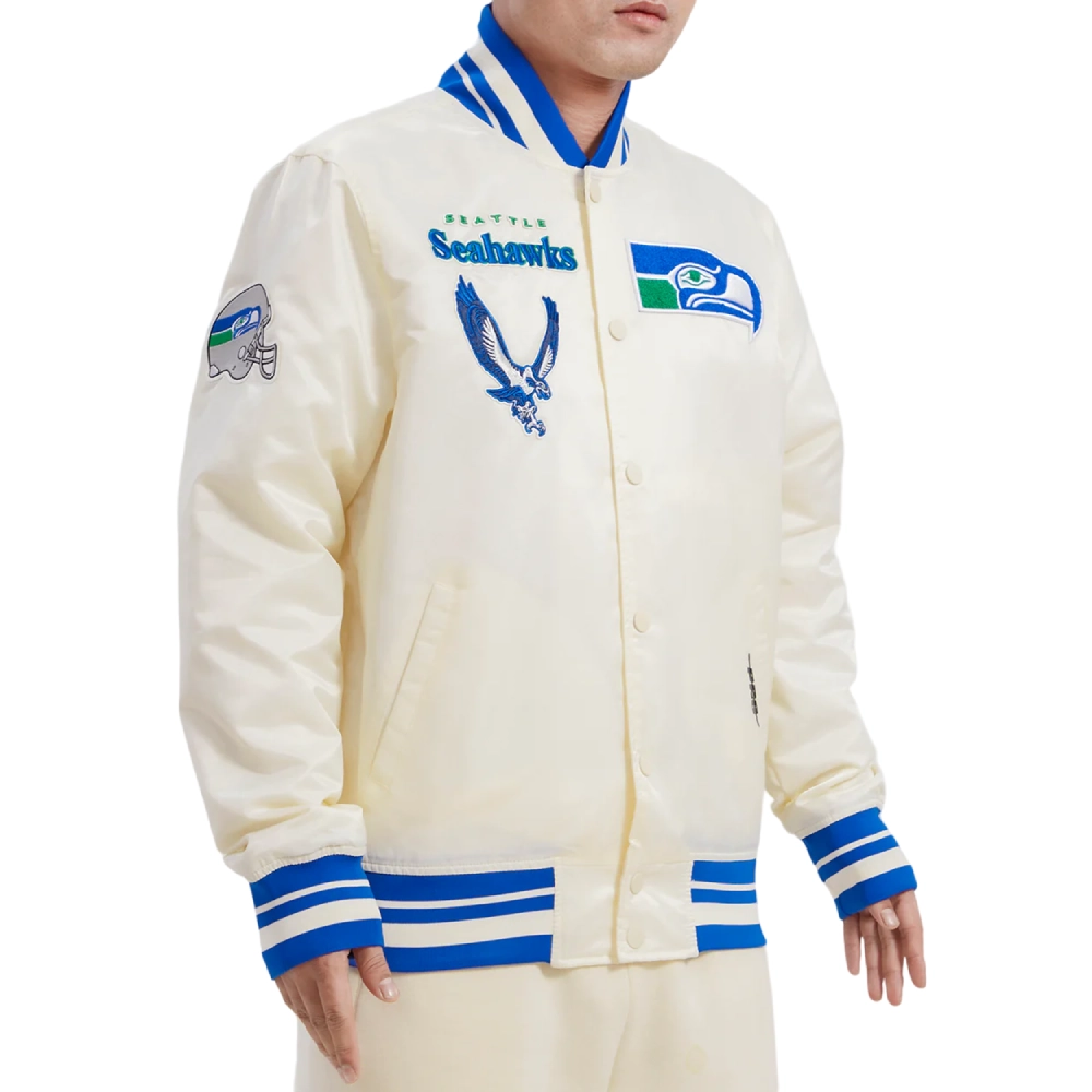 Seattle Seahawks Retro Classic Full-Snap Cream Satin Varsity Jacket - Image 3