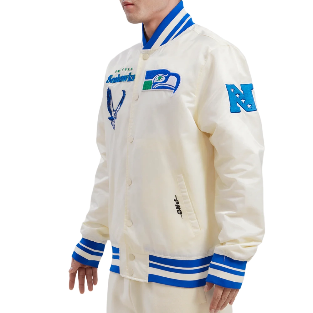 Seattle Seahawks Retro Classic Full-Snap Cream Satin Varsity Jacket - Image 2