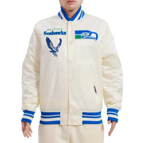 Seattle Seahawks Retro Classic Full-Snap Cream Satin Varsity Jacket