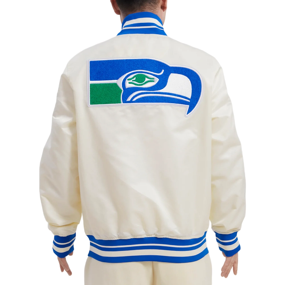 Seattle Seahawks Retro Classic Full-Snap Cream Satin Varsity Jacket - Image 4