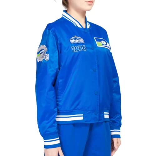 Seattle Seahawks Retro Classic Women's Blue Satin Varsity Jacket - Image 3