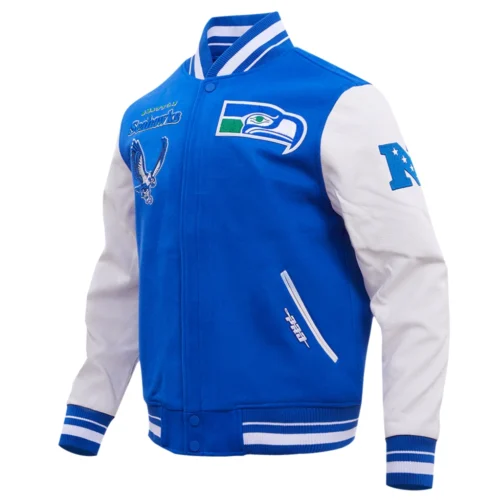 Alternative view of Seattle Seahawks Retro Classic Blue/White Wool & Leather Varsity Jacket