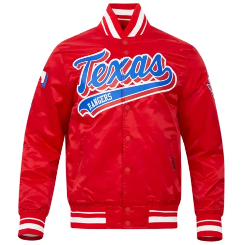 Texas Rangers Script Tail Full-Snap Satin Varsity Jacket - Red