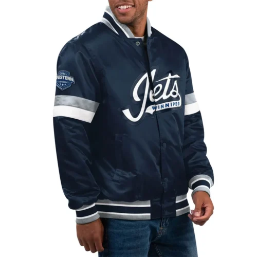 Winnipeg Jets Home Game Navy Satin Varsity Jacket