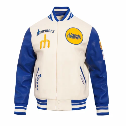 Seattle Mariners Retro Classic White/Blue Wool & Leather Varsity Jacket